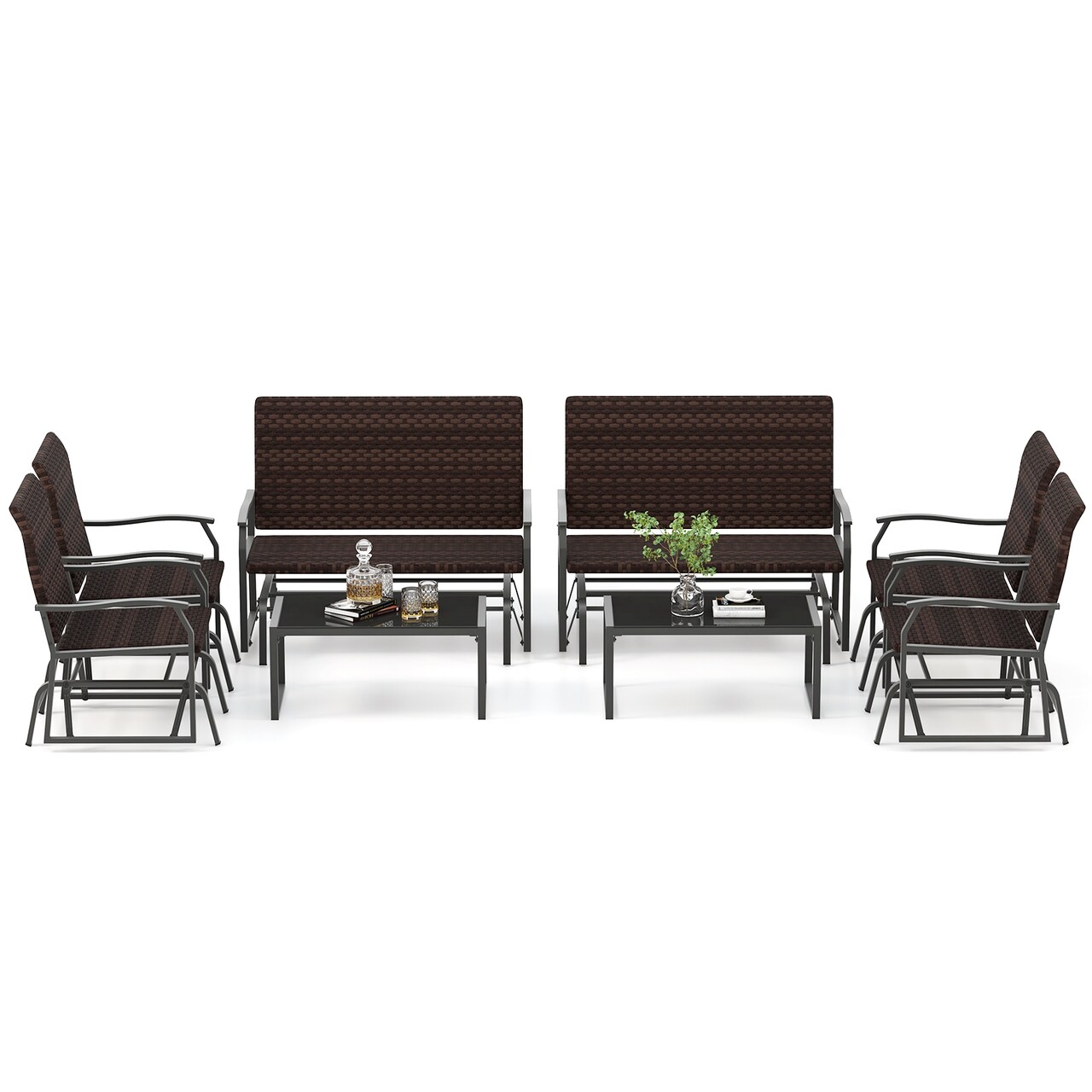 Outdoor Gliding Patio Furniture Set 4 Piece Wicker Sofa Set with Glass Top Coffee Table